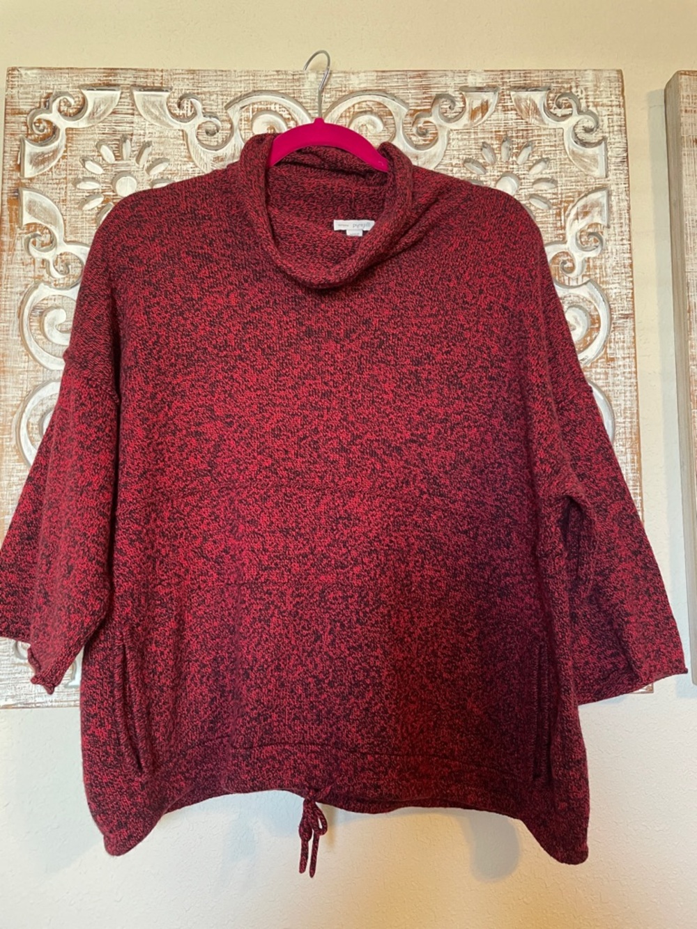 Marled Red Cowl-Neck Sweater with Adjustable Hem